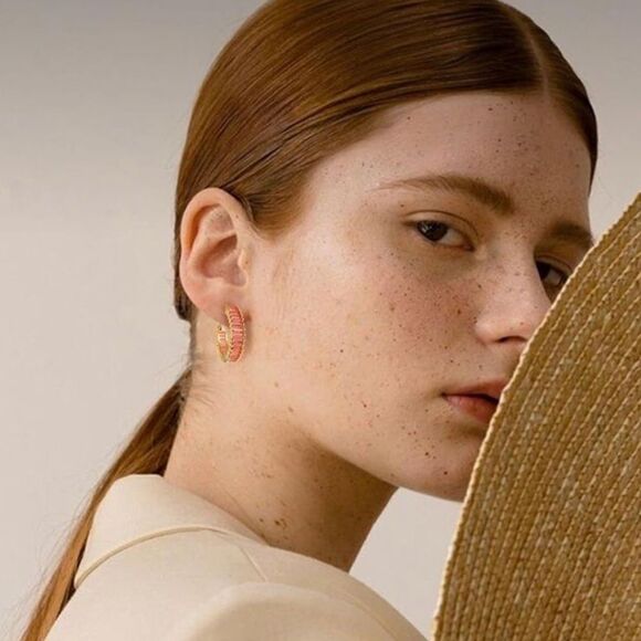 14K Yellow Gold with Rosy Pink Sapphire Cubic Zirconia Hoop Leverback Earrings - Picture 6 of 6